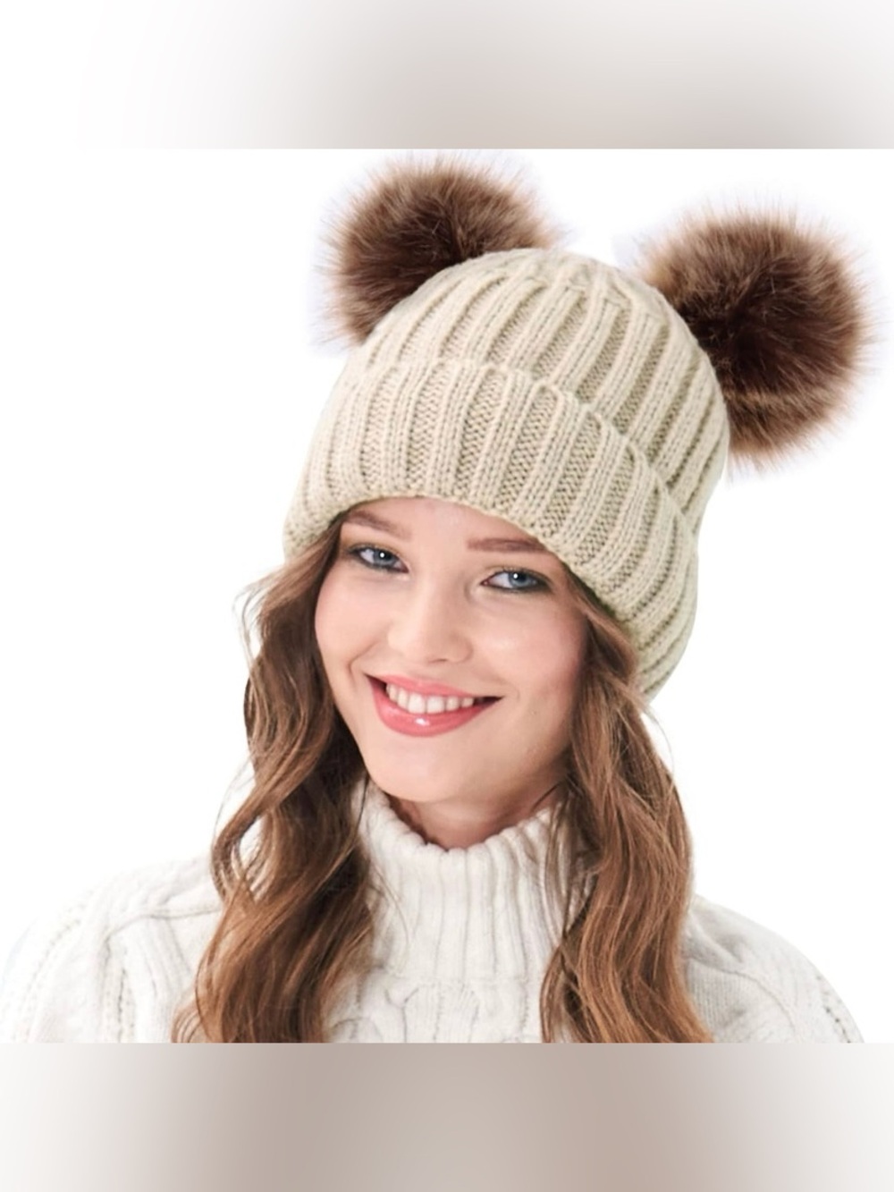 Womens Winter Hat Cable Knit Beanie for Women Faux Fur Pompom Ears